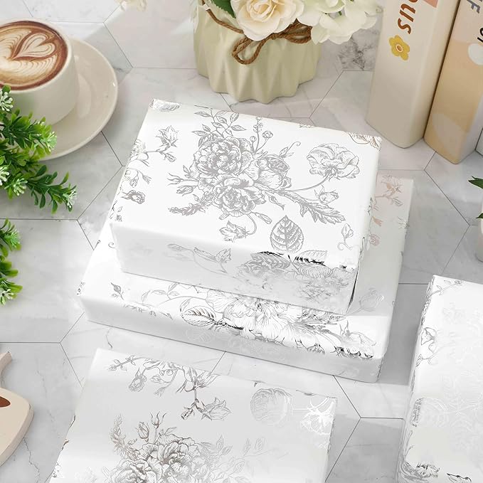 JarThenaAMCS Silver Foil Floral Wrapping Paper - Mini Roll - 17 Inch x 32.8 Ft Vintage Flower Gift Wrap Paper Decorative Art Paper for Spring DIY Crafts Supplies