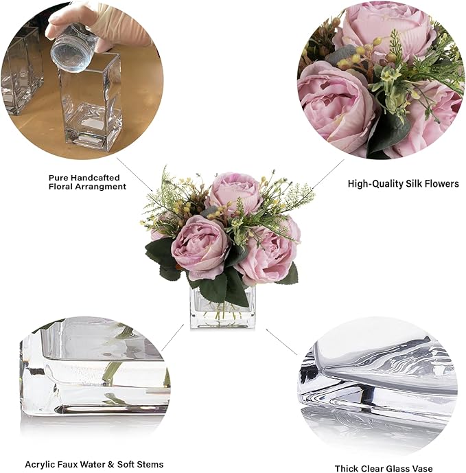 ENOVA FLORAL Artificial Flower Arrangement with Vase,Mixed Artificial Fake Silk Peony Flower in Vase for Decoration Home Office, Wedding Centerpiece (Light Pink)