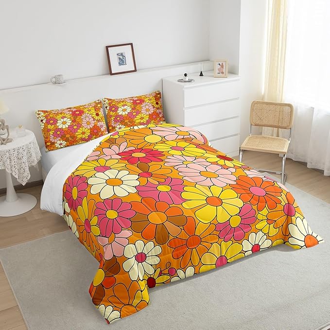 Castle Fairy Bohemian Flowers Bedding Comforters King Size,70s Floral Comforter Set for Children Xmas Gift,Hippie Retro Groovy Botanical Quilt Set Bedroom Decor, 2 Pillowcases