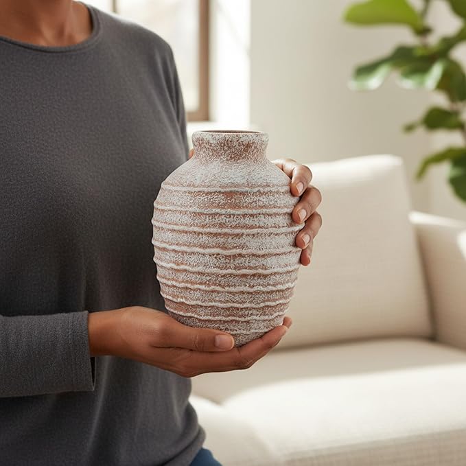 Rustic Ceramic Flower Vase,6.9 Inch Pottery Farmhouse Vases for Home Decor Boho Terracotta Vase Decorations Vintage Floral Vase Decor for Living Room,Table,Bedroom,Shelf,Mantel,Kitchen-Warm Sand Beige