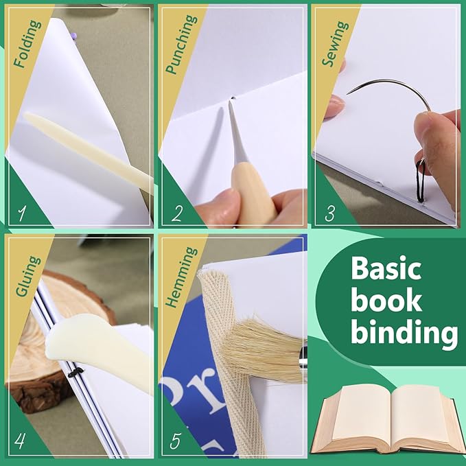 65 Pcs Book Binding Kits Book Binding Materials Bone Folder Tool Bookbinding Supplies with 10 Waxed Thread Paper Awl Binding Ribbon and Bag for Storage