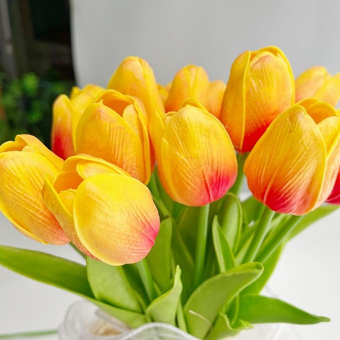 20 Pcs 13” Real Touch Orange Tulips Artificial Flowers, Latex Pu Fake Faux Lifelike Flowers with Stems, for Wedding Bouquet Christmas Fall Home Decor