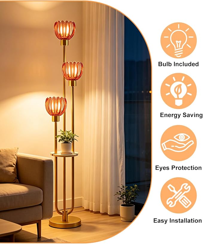 Lightdot 3-Lights Glass Floor Lamp for Living Room Modern Gold Floor Lamps with Lotus Deep Red Glass Shade& Bulbs Included for Wedding/Party Tall Standing Lamp for Bedroom/Sofa Beside/Corner Decor