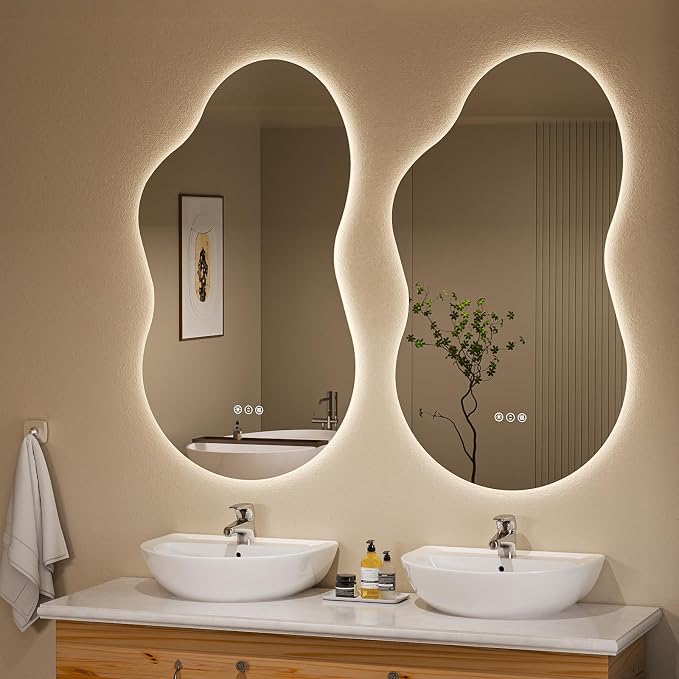 Irregular Cloud Backlit Bathroom Mirror 20x32 Inch, LED Vanity Mirror with Lights Anti-Fog, Dimmable 3 Colors, 4mm Tempered Glass, Horizontal/Vertical Wall Mount for Bathroom or Makeup Area