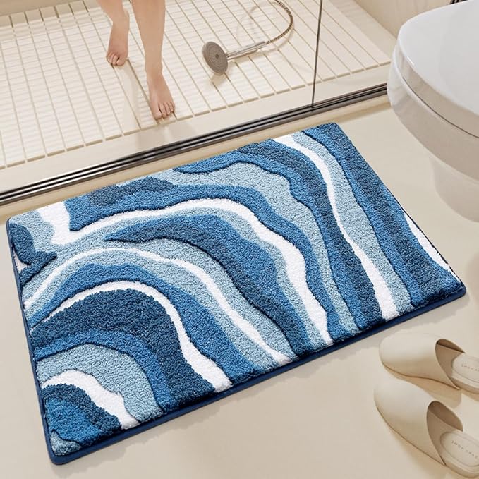 Ankah Luxurious Nordic Bathroom Rug, Extra Soft Fluffy Bath Mat, Absorbent, Non-Slip, Easy to Care and Fast Drying, Modern Style Marble Pattern Shower Rug, Home Decor Accessories, 17.3"x29.9", Blue
