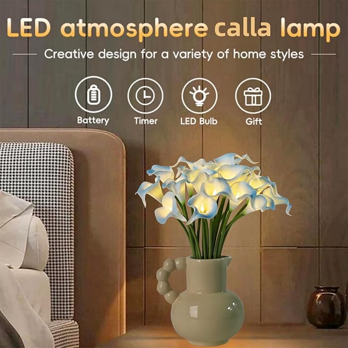 20pcs Lighted Artificial Calla Lily Bouquet Lamp Faux Floarl Night Light Real Touch Flower Night Lamp LED Calla Lily Lighted Artificial Flower for Holiday Home Kitchen Decor(Light Blue)