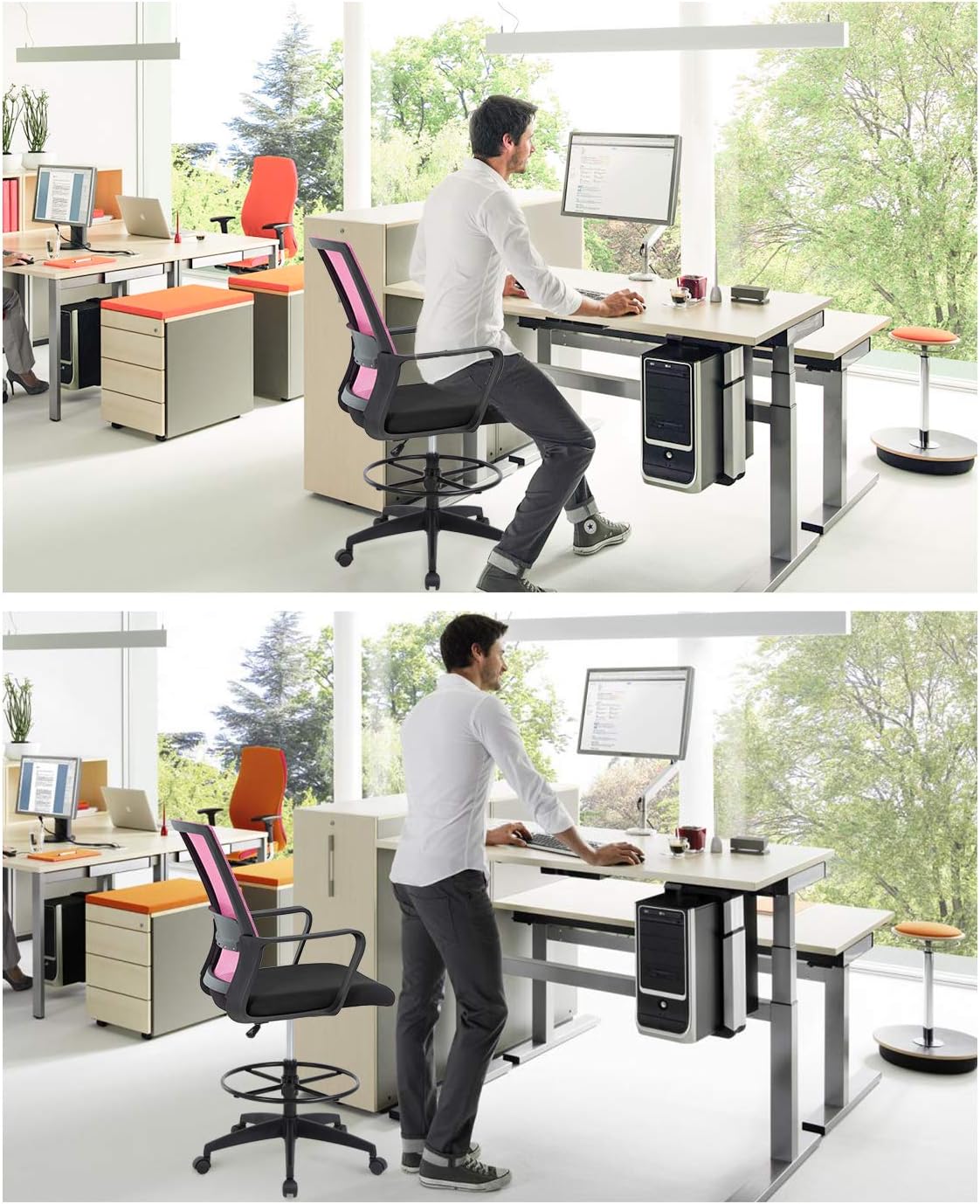Skiennix Drafting Chair - Adjustable Tall Office Chair with Lumbar Support & Footrest | Pink