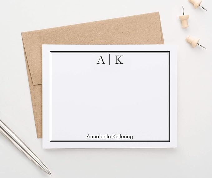 Classic Personalized Two Letter Stationary Monogram Stationary Set for Men and Women, FLAT OR FOLDED NOTE CARDS, Personalized Monogram Stationery Set with Envelopes, Your Choice of Colors and Quantity