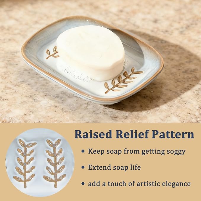 HighHerz Aesthetic Ceramic Soap Dish for Shower, Soap Holder with Raised Relief, Shower Soap Dish for Shampoo Bar Or Sponge, Soap Saver for Bathroom, Kitchen, Sink, Decorative Soap Tray(Grey&White)
