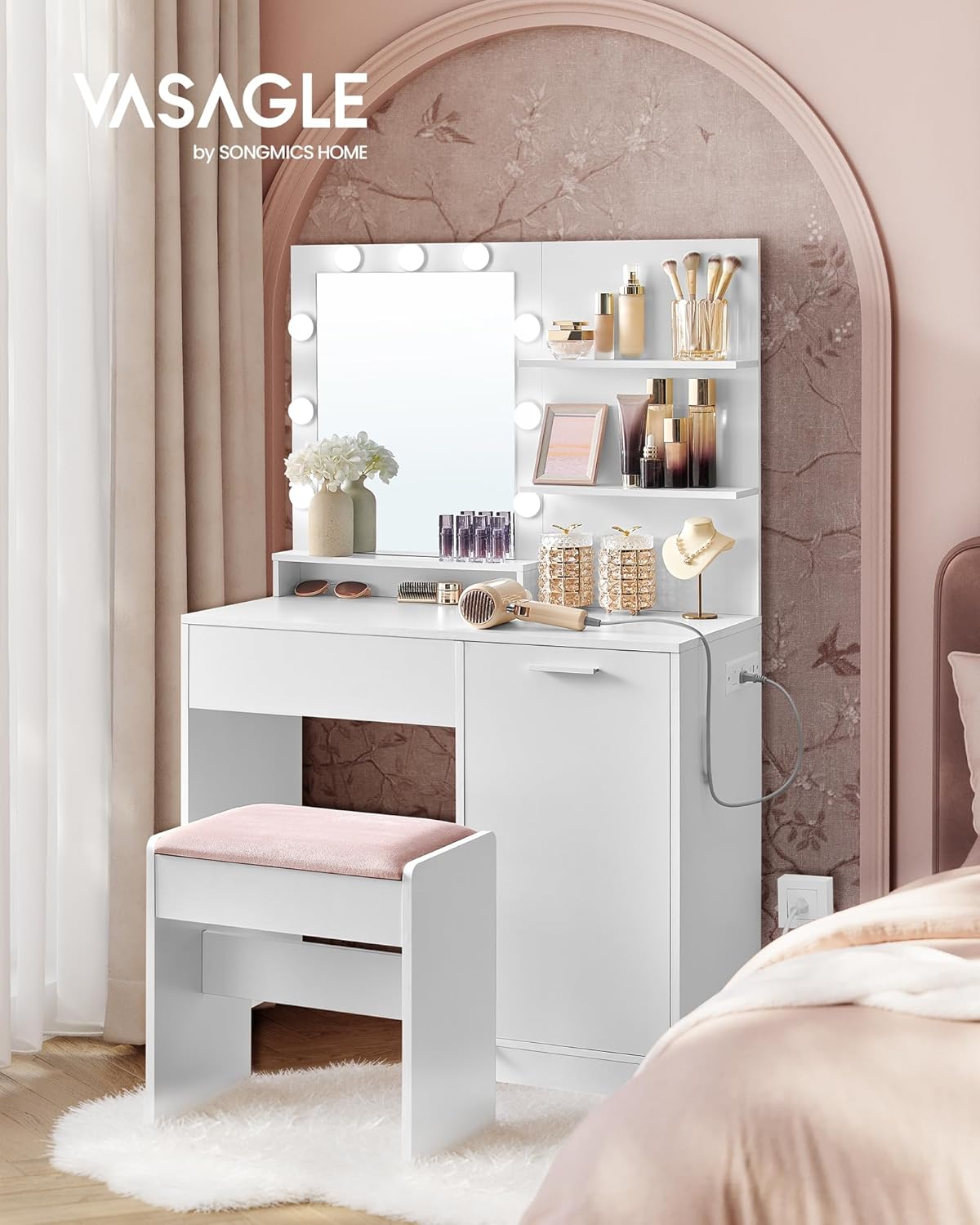 VASAGLE Vanity Desk - 35.4-Inch Makeup Vanity with Mirror, Dimmable LED Lights & Upholstered Stool | Cloud White
