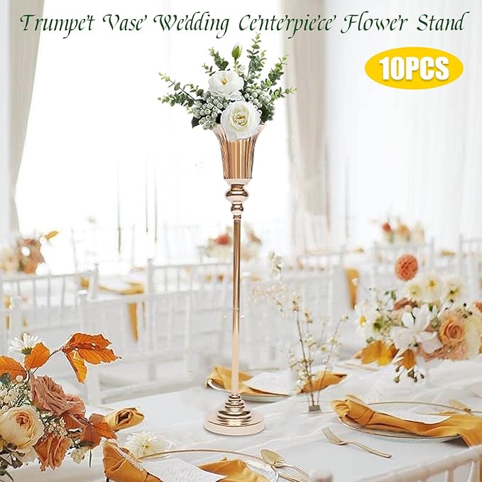10 Pcs Versatile Metal Wedding Centerpieces Gold Vase 30.5" Tall, Metal Flower Trumpet Vase, Road Lead for Wedding Party Dinner Centerpiece Event for Anniversary Birthday Event Aisle Home Decoration
