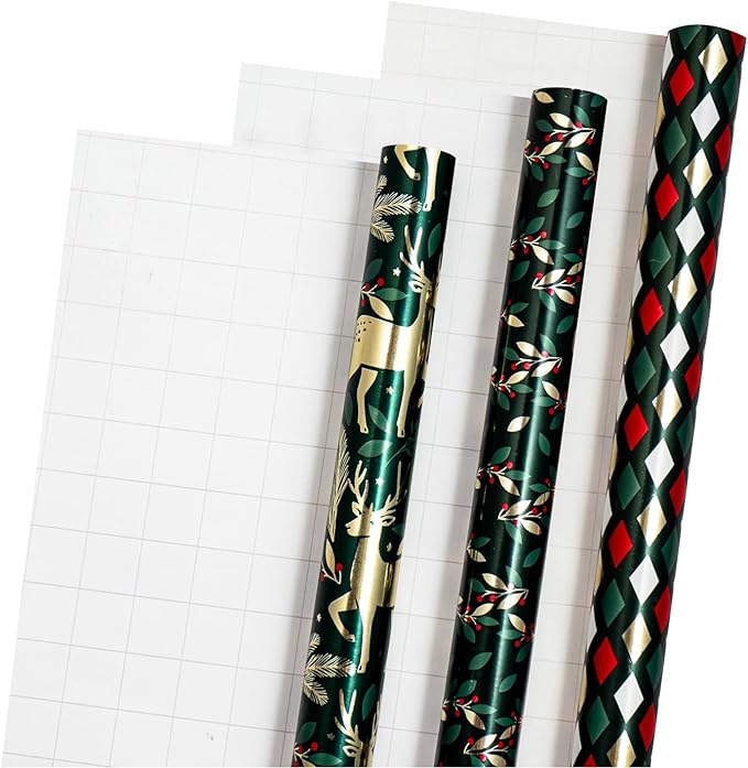 LeZakaa Green Christmas Wrapping Paper Mini Roll, Reindeer Holly Leaves Geometric Metallic Foil Holiday Gift Wrap, Arts Craft, for Xmas Winter Party, 17 x 120 inches, 3 Rolls