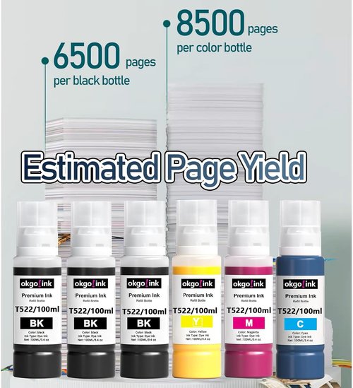 Epson Compatible 522 Ink Refill Bottles - Black Color Replacement (6 Pack, 600ml) for ET-2800, ET-4800, ET-2750