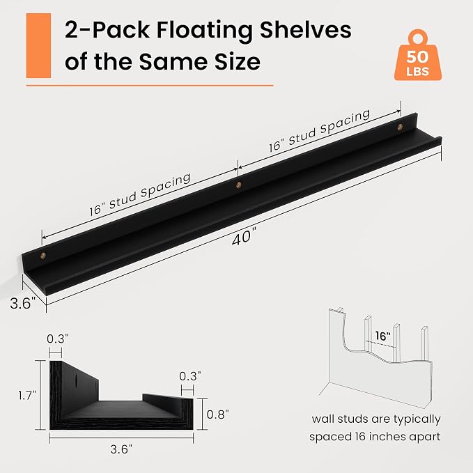 RICHFOCUS Picture Ledge Shelf, 40 inch Floating Shelves Set of 2, Wood Wall Shelves with Lip, Wall Decor Storage for Bedroom Living Room Bathroom Kitchen Nursery Photo Picture, Black