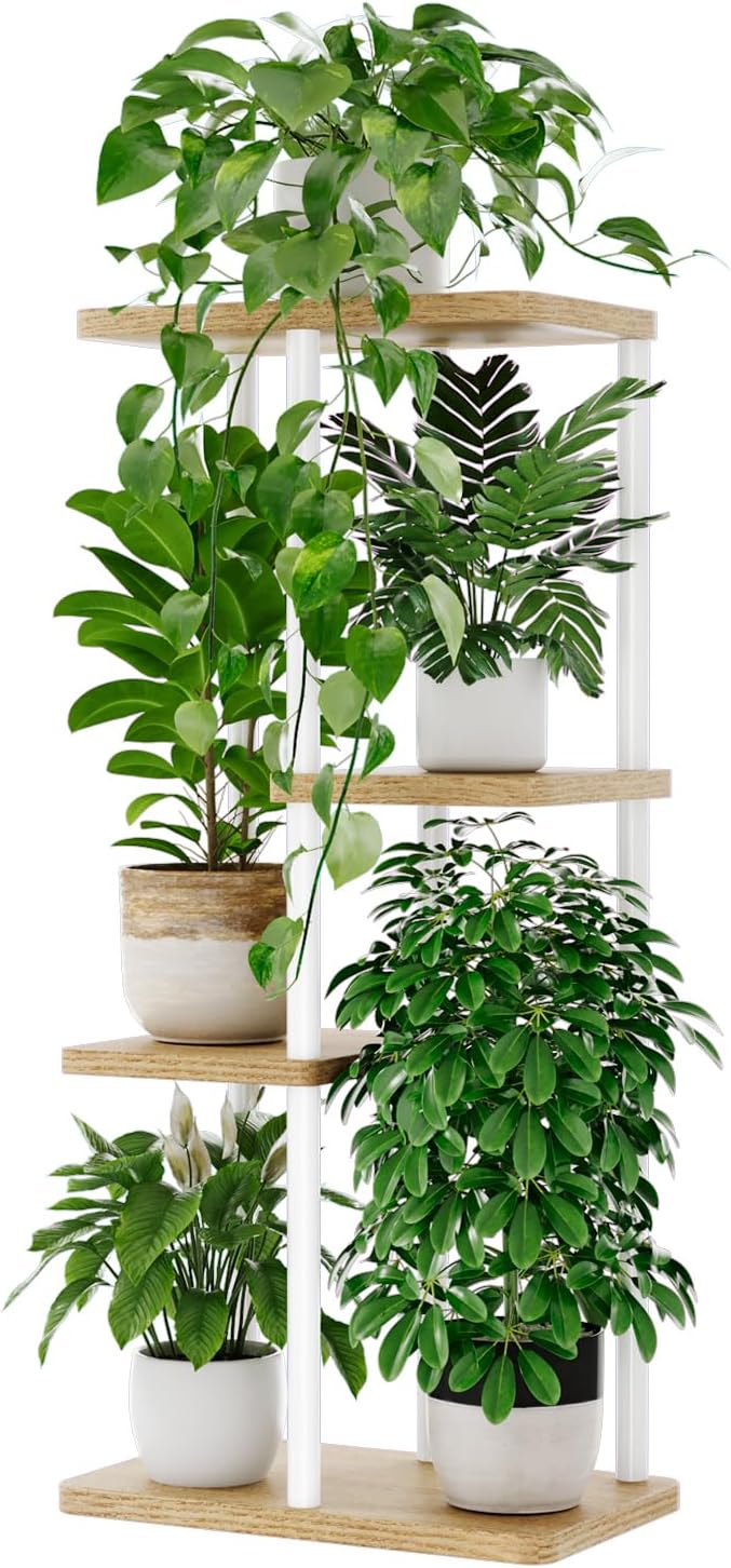 Bamworld Plant Stand Indoor, Corner 4 Tier Metal Plant Shelf for Multiple Plants, Tiered Flower Pot Stands for Patio Garden Balcony Living Room Bedroom, White
