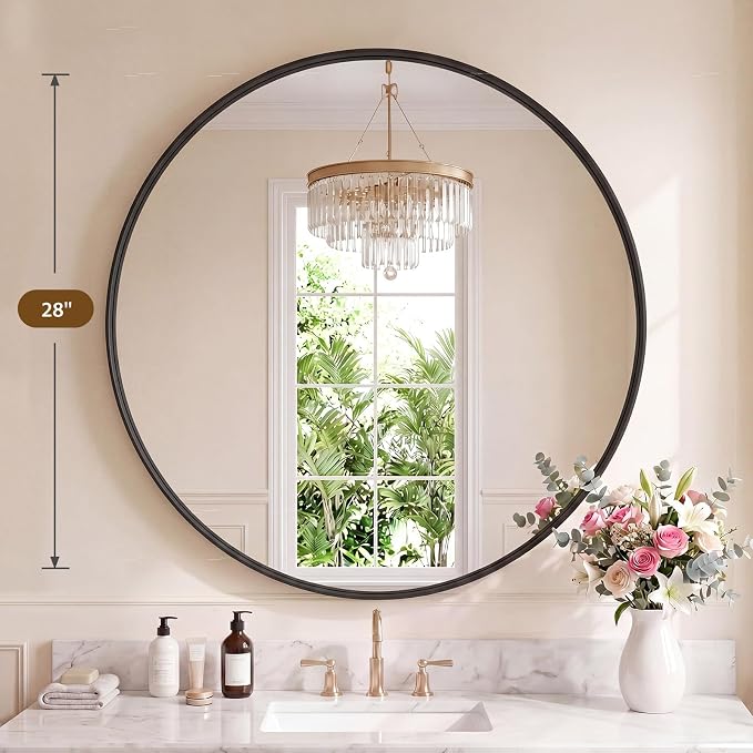 Sweetcrispy Bathroom Round Mirrors for Over Sink, 28 Inch Wall Circle Mirror with Matte Metal Frame, Modern Wall Mount Vanity Mirror for Home Decor, Living Room, Bedroom, Black