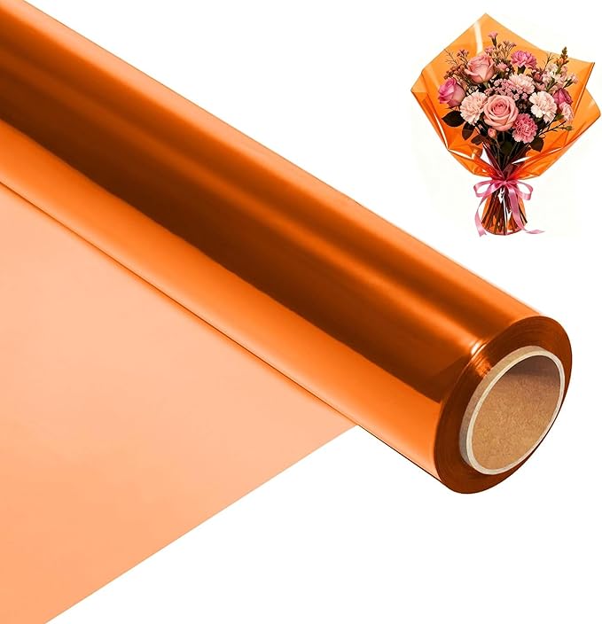 200 ft Orange Cellophane Wrap Roll (16 In x 200 Feet) - 2.5 Mil Thick for Gift Baskets, Bouquets, Party Decorations