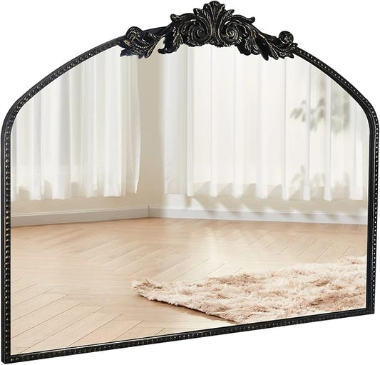 Black Arched Mirror 40"X31", Vintage Antique Baroque Mantel Mirror with Black Brush Gold Metal Frame, Ornate Wall Decor for Entryway/Fireplace/Living Room/Hallway/Bathroom/Bedroom