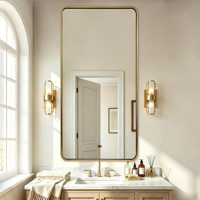 ANDY STAR 24x48’’ Gold Bathroom Mirror, Brushed Brass Mirrors for Bathroom Sink, Rounded Rectangle Mirrors Oblong, Rustproof Tube Metal Framed, 1’’ Deep Wall Mounted Vertical/Horizontal, Home Remodel