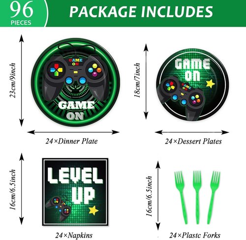 Skiennix 96 Pcs Gaming Party Tableware Set - Green Video Game Plates & Napkins for 24 Guests