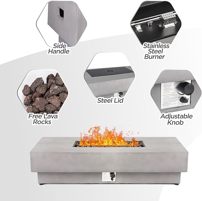 SiTimmGer 60-inch Outdoor Propane Fire Pit Coffee Table with Tank Cover, 50,000 BTU Concrete Rectangle Modern Outside Fire Table, Auto-Ignition, Included Lava Rocks, Metal Lid & Waterproof Cover