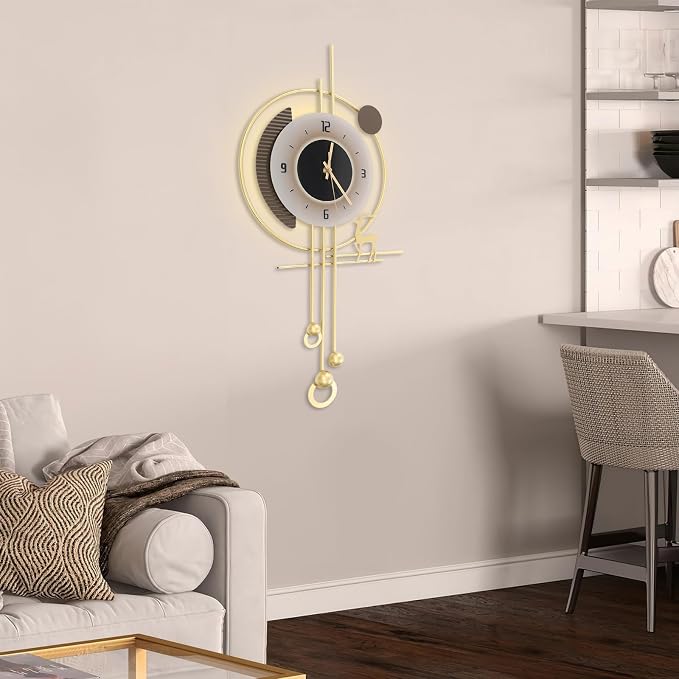 Wall Clock for Living Room, Large Gold Wall Clock with LED Light, Modern Decor Silent Non-Ticking Metal Clock for Living Room, Kitchen, Dining Room, Bedroom, Battery Operated, 15.35 * 31.5in