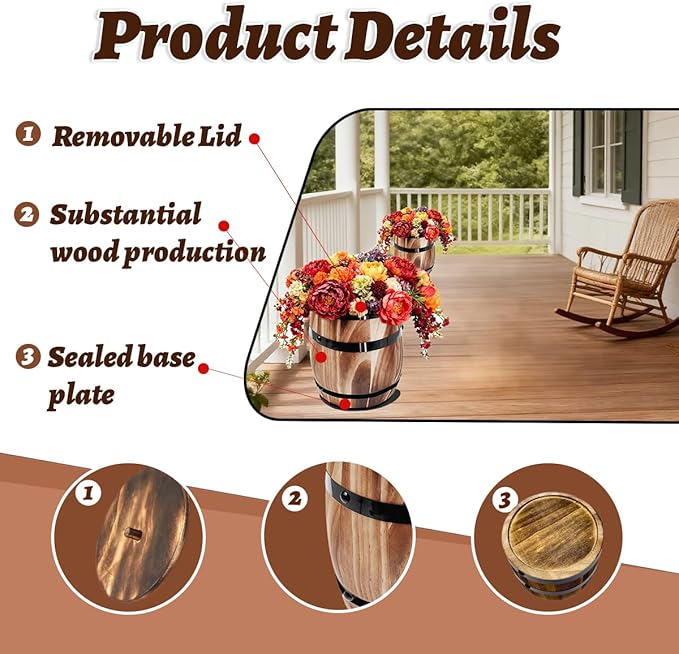 Sunmuliiiy2Pcs Wood Wine Barrel Vase 8" x 6.5" Rustic Wooden Flower Vase Rustic Barrel Barrel Planter for Wedding Reception Table Decoration Home Indoor Outdoor Garden, Kitchen, Party Table Decoration