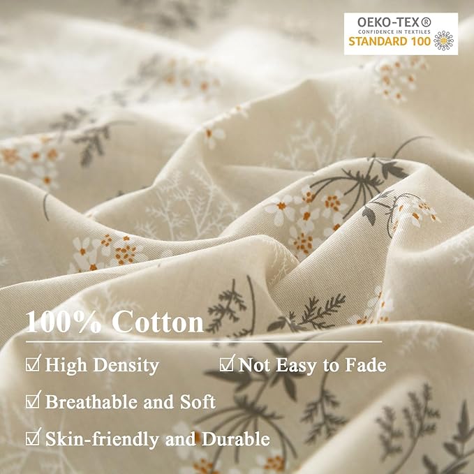 EAVD Twin XL Duvet Cover Boho Floral Duvet Cover Soft 100% Cotton Garden Beige Floral Bedding Set with 2 Pillowcases Chic Botanical Duvet Cover with Zipper Closure 4 Ties (EAVD00142-TXL)