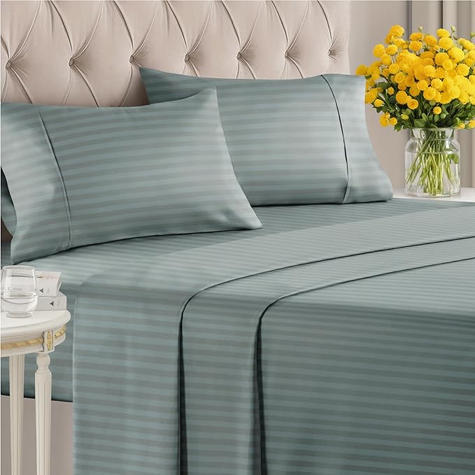 Striped Sheets - Green Striped Sheets - 1 Flat & 1 Fitted & 2 Pillowcases w/ Deep Pockets – Comfy, Wrinkle & Fade Free - Ultra-Soft, Breathable & Cooling – Luxury Pinstripe Bedding - King Size Bed Set