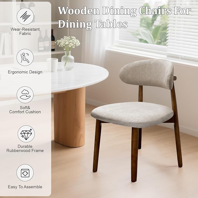 Farmhouse Dining Chairs Set of 6, Mid Century Modern Fabric Upholstered Kitchen Chairs, Wooden Dining Room Chair with Curved Back for Kitchen Dining Room Restaurant Cafe, Warm Gray (Only Chairs)