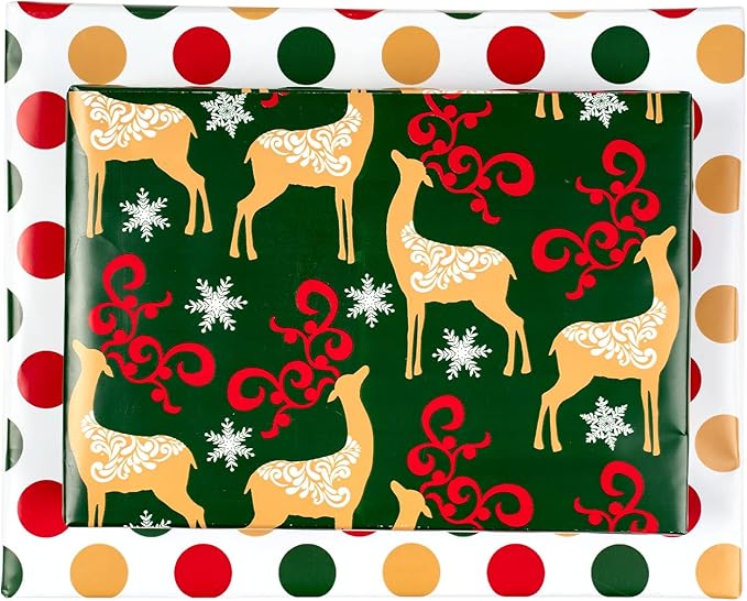 MAYPLUSS Christmas Reversible Wrapping Paper - Mini Roll - 17 Inch X 32.8 Feet - Gold Elk & Polka dots Pattern (47.3 sq.ft.ttl)