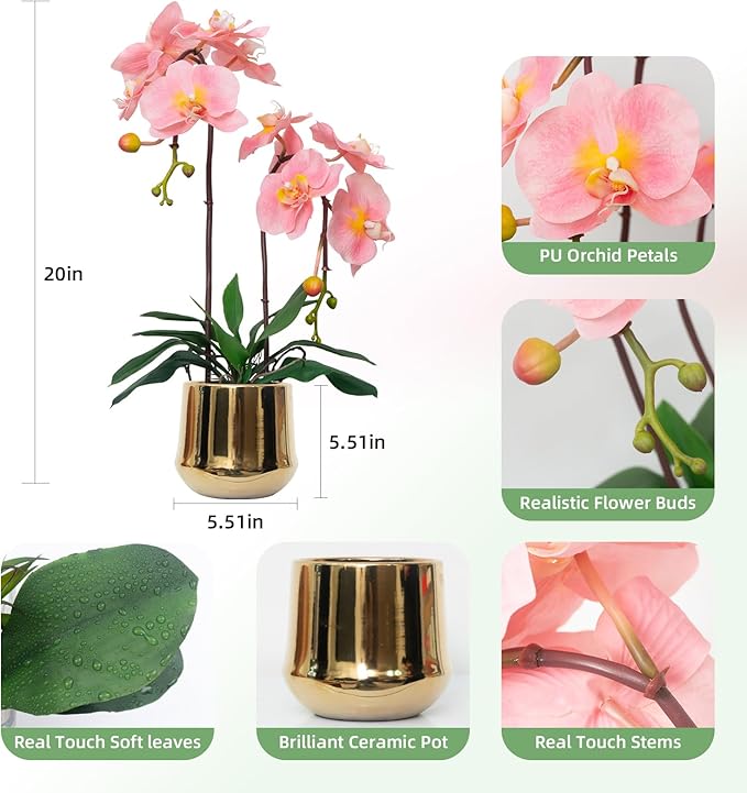 CXGS Orchids Artificial Flowers Realistic Fake Flowers in Ceramic Pot 20" Pink Lifelike Faux Floral Arrangement Soft PU Phalaenopsis for Home Hotel Indoor Decor, Centerpiece Display