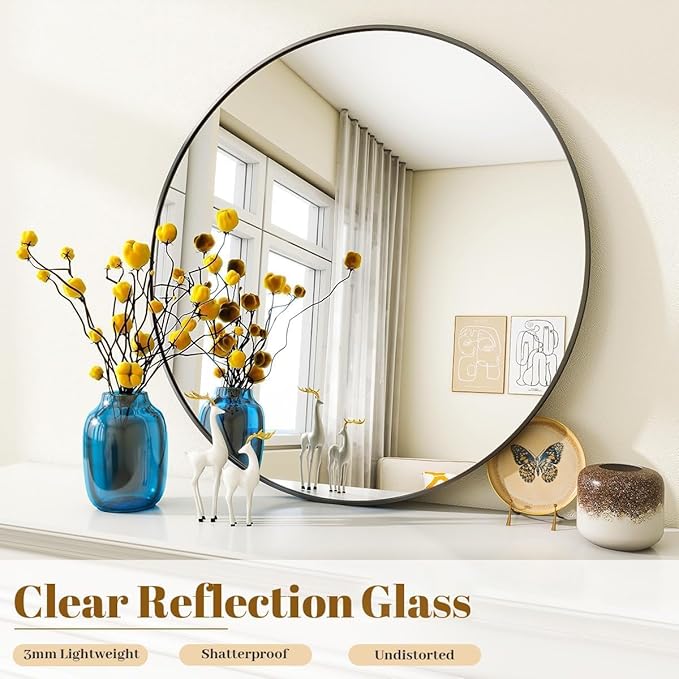 VooBang Large Black Round Bathroom Mirror, 48 inch Circle Wall Mounted Hanging Mirror with Simple Modern Circular Metal Frame for Hallway, Entryway, Living Room, Black Frame