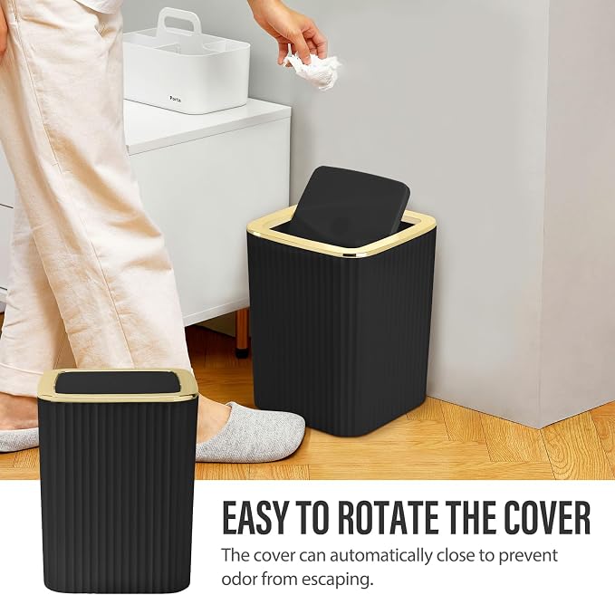 Bathroom Accessory Set, Shower Curtain Set, Toilet Brush, Trash Can & Soap Dispenser (Black Gold, Plastic)