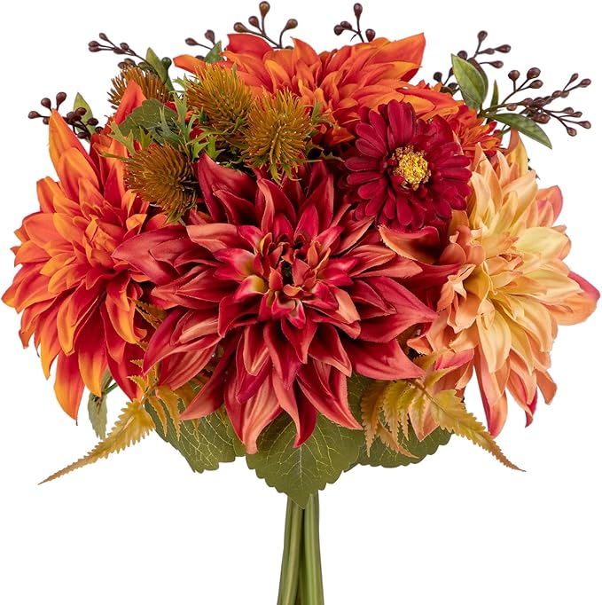 Briful Fall Flowers Artificial Bouquet for Decoration, Fake Silk Flowers Arrangements with Dahlia & Mums Mixed Autumn Floral Stems for Home Room Fall Table Centerpiece Wedding Party Decor