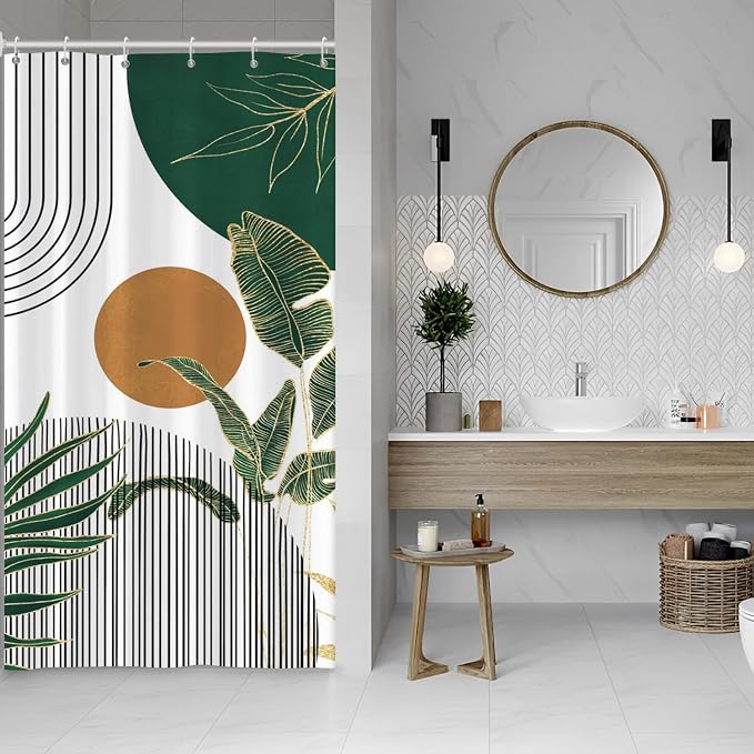 Mid Century Boho Shower Curtain, Abstract Modern Sun Minimalist Aesthetic Shower Curtain, Bohemian Geometric Arch Curve Leaves Neutral Art Fabric Bathroom Curtains Green 36x72 inch