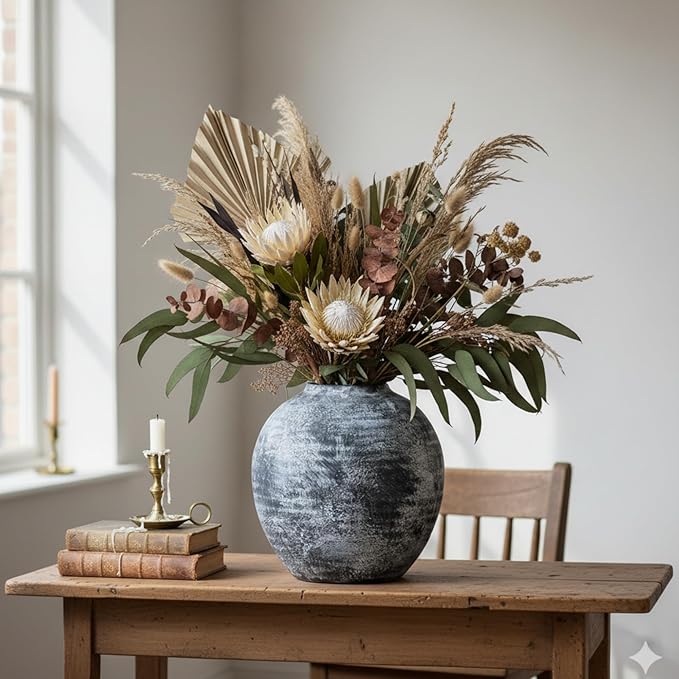 Farmhouse Rustic Ceramic Vase, 6.5 inch Gray-White Handcrafted Weathered Stone Pottery Terracotta Vintage Vases for Home Decor Living Room Table Shelf Decorative (Round - B)