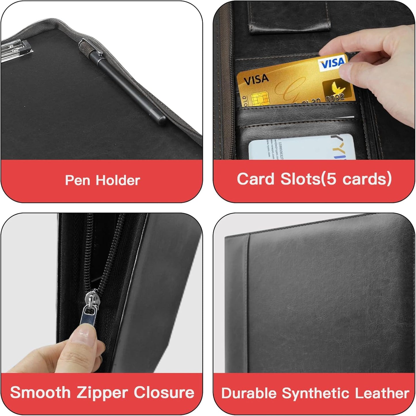 WRIYES Leather Padfolio - Professional Zippered Portfolio Organizer with 3 Ring Binder | Black
