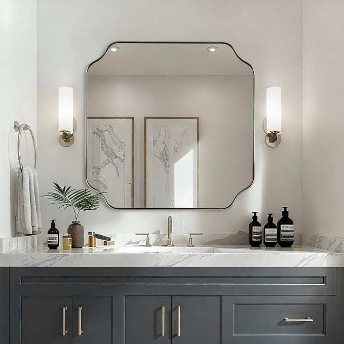 ANDY STAR 30"x30" Chrome Square Mirror, Polished Nickel Scalloped Bathroom Mirror for Over Sink, Modern Decorative Mirror with Designer Rounded Notched Corners, Anti-Rust SUS304 Frame