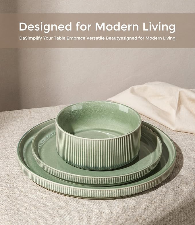 GBHOME 12-Piece Stoneware Dinnerware Set for 4 – Ribbed Ceramic Plates and Bowls, Scratch-Resistant, Microwave & Dishwasher Safe, Reactive Glaze, Light Green