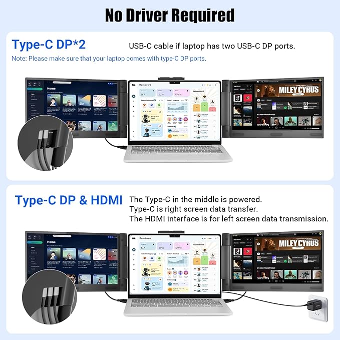 Laptop Screen Extender 14 inch Laptop Monitor Extender 1080P IPS, Triple Portable Monitor for Laptops 13-17.3" with USB-C DP/HDMI Port, Plug-Play Portable Screen for Windows/Mac/Chrome/Android
