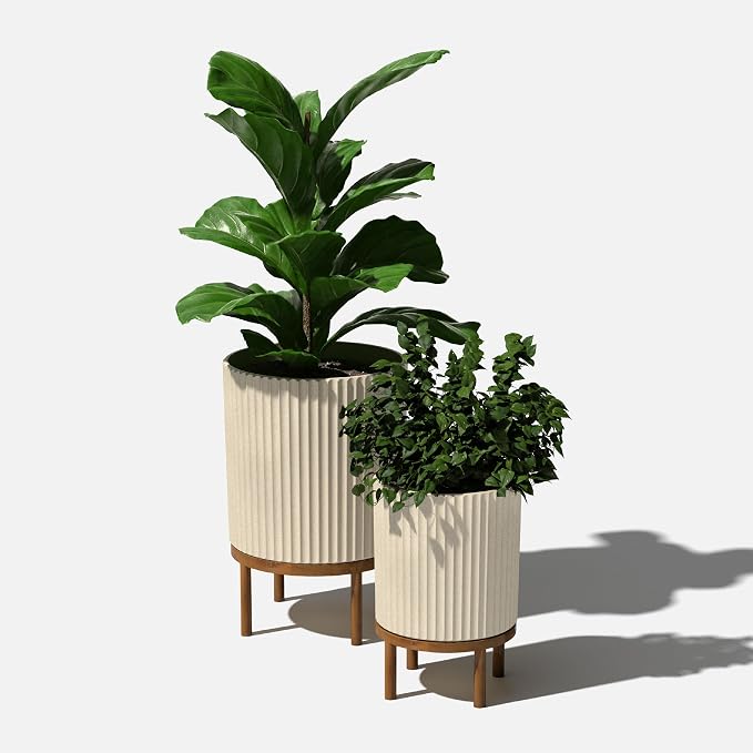 Veradek Demi Series Round Planter w/Stand for Porch/Patio | Durable Plastic-Stone Composite & Wooden Stand | Modern Décor for Tall Plants, Flowers