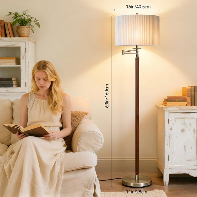 Traditional 350° Adjustable Swing Arm Farmhouse Floor Lamp for Bedroom, Modern Floor Lamps with Pleated Shade for Living Room, Rustic Standing Lamp Pole Lamps for Reading and Office
