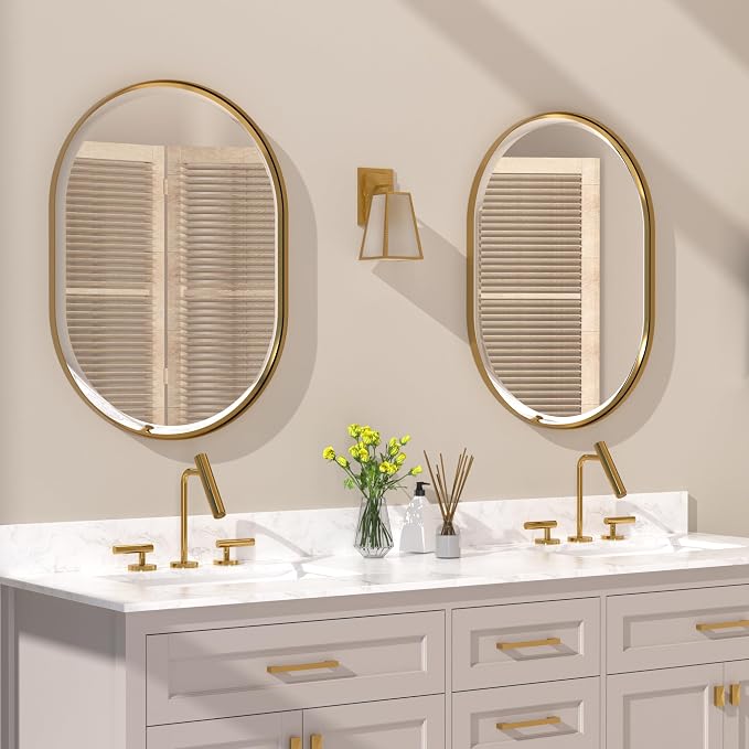 POZINO Oval Beveled Mirror, 22"x30" Brushed Gold Bathroom Vanity Mirror Over Sink, Pill Shaped Capsule Wall Mounted Mirrors for Living Room Bedroom Entryway, Hangs Vertically or Horizontally