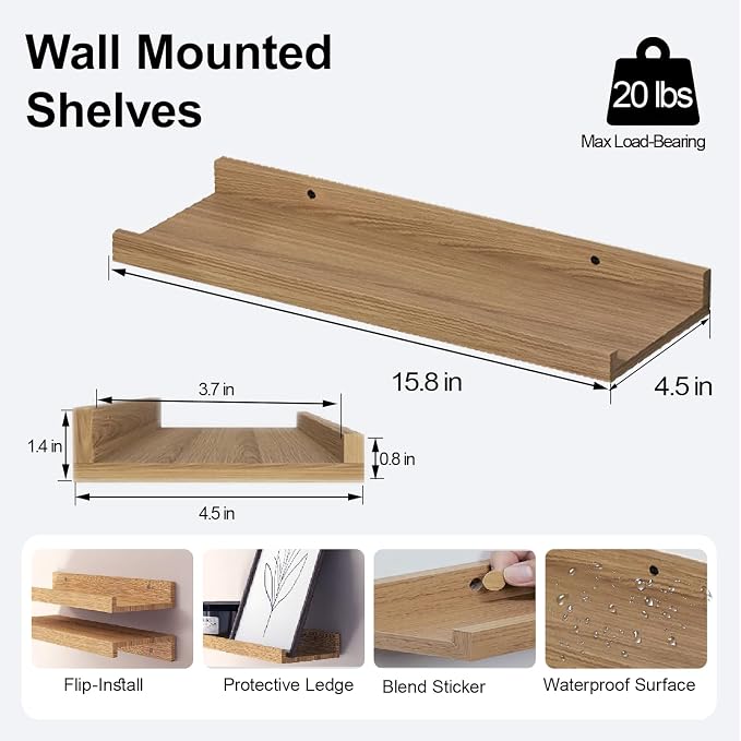 Floating Shelves for Wall Decor, Wall Mounted Wood Storage Shelf for Bedroom, Living Room, Bathroom, Kitchen, Nursery, Display Picture Ledge Shelf with Lip Set of 2-16 Inches, Oak