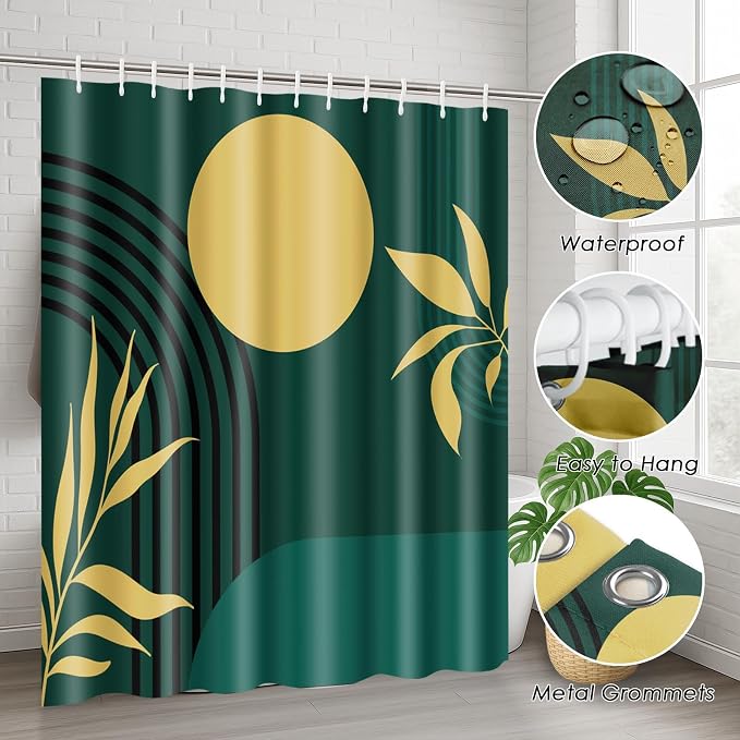 Boho Mid Century Shower Curtain Set with Toilet Lid Cover and Non-Slip Rugs, Abstract Geometric Dark Green 4 Pcs Modern Minimalist Shower Curtain for Bathroom Set with 12 Hooks
