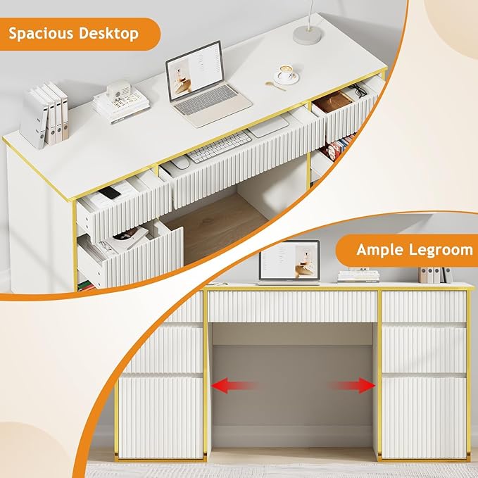 58 Inch White Desk with 7 Drawers, White and Gold Computer Desk with File Drawers for Bedroom, Home Office Desk for Study, Living Room