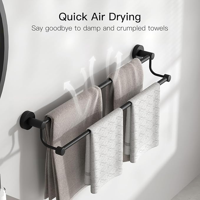 BESy Adjustable 16-26 Inches Double Bath Towel Bar for Bathroom SUS304 Stainless Steel Towel Holder, Hotel Style Wall Mount with Screws Hand Towel Bar Towel Rack Rod Hanger, Matte Black Finish