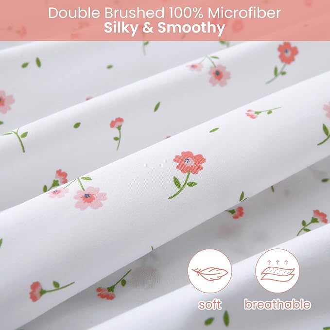 Softan Pink Floral Twin Size Sheet Set, 3 Pieces Single Bed Sheets for Girls, Cozy Microfiber Fitted Sheet with 15" Deep Pockets & Non-Slip Straps, Pink Flower Sheets & Pillowcase Set
