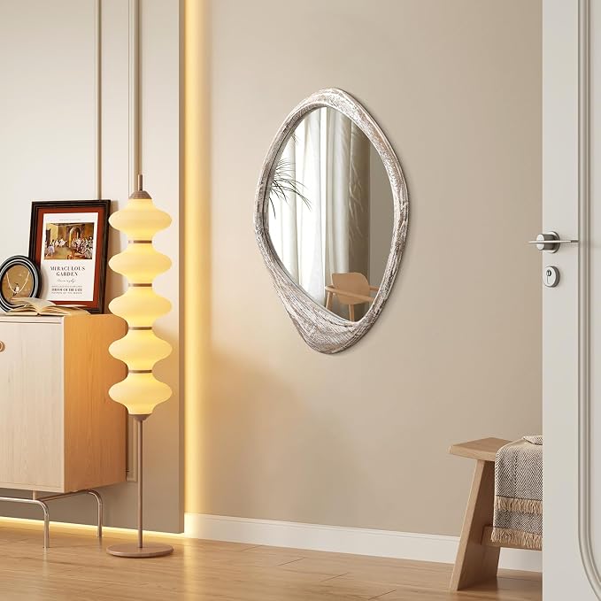AAZZKANG Irregular Wall Mirror Wooden Large 24"x16" Asymmetrical Decorative Rustic Hanging Mirrors for Bedroom Dressing Room Living Room Bathroom Entryway White